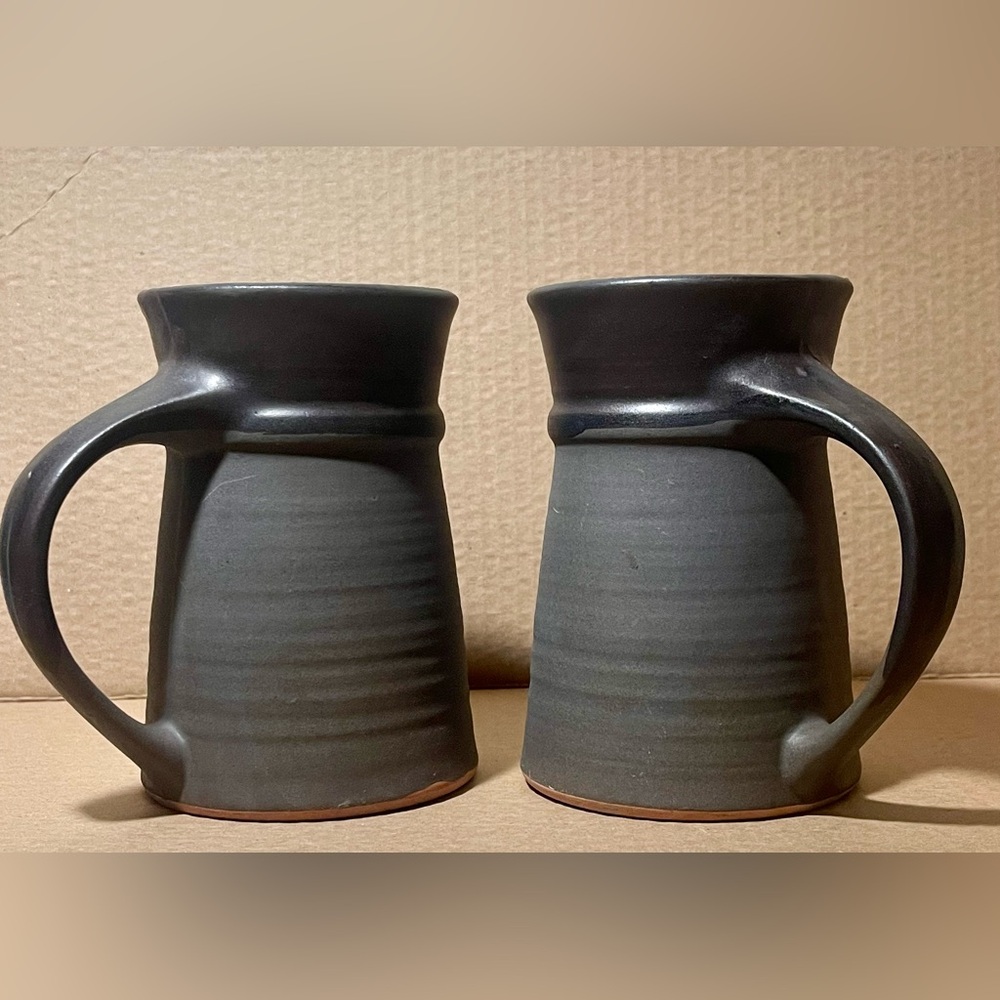 Stoneware SculpturalTankard Mugs | Charcoal Gray Studio Pottery | Set of 2